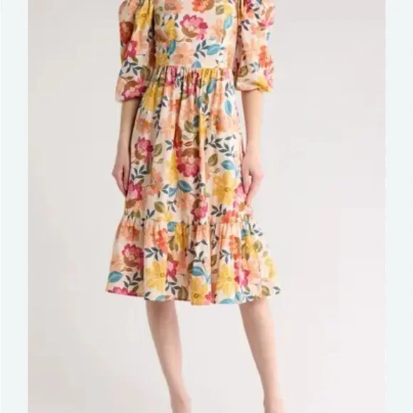 Euc- Vince Camuto Floral Off the Shoulder Stretch Cotton Midi Dress- size 2 - Picture 1 of 9